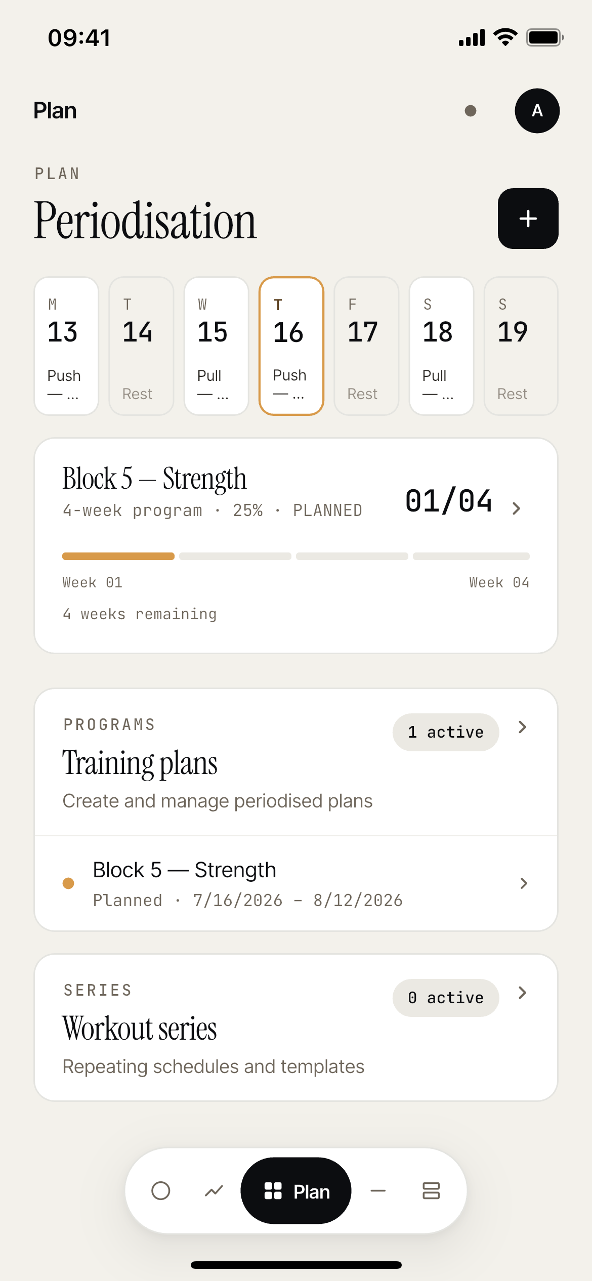 Protokoll Periodisation overview with weekly schedule and Block 5 progress arc