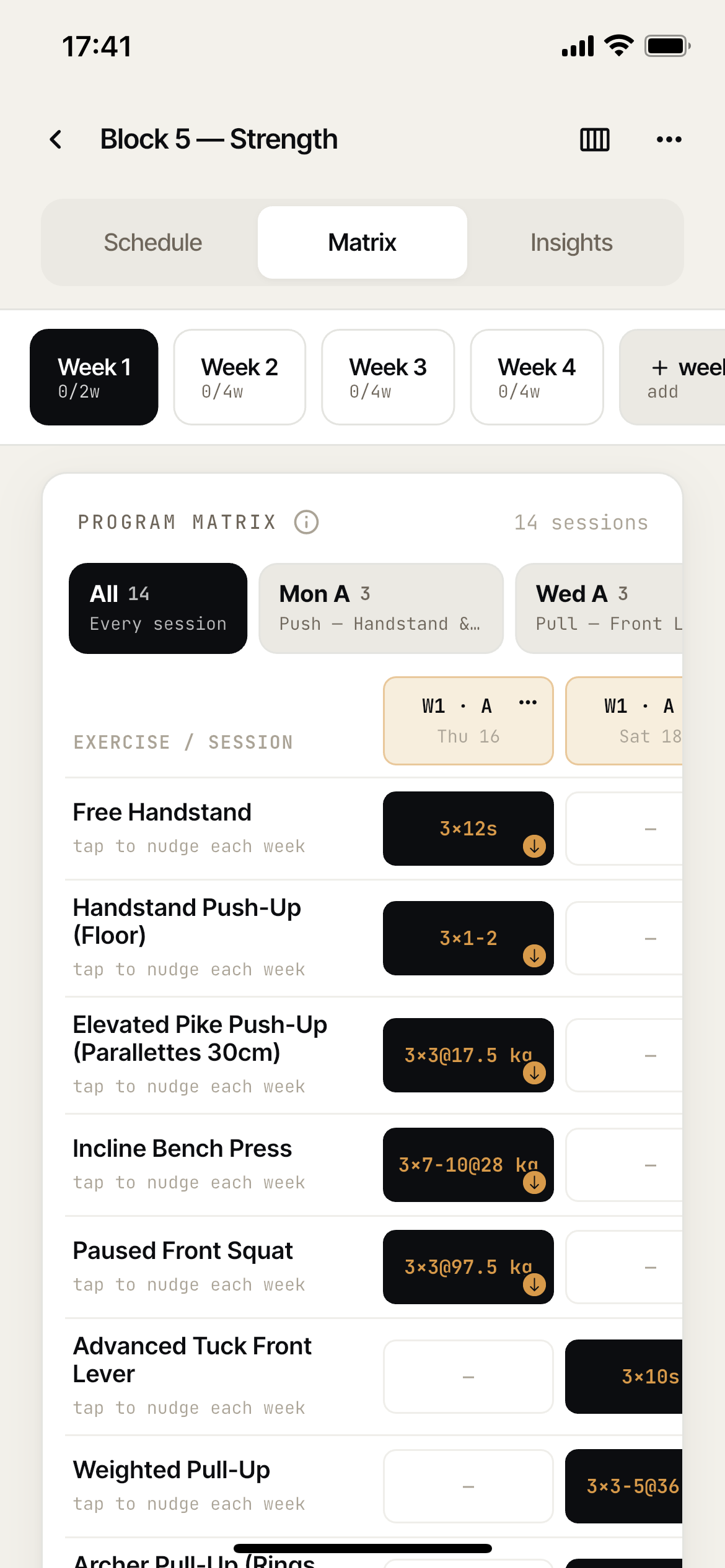 Protokoll four-week program matrix with planned sets, reps, and loads