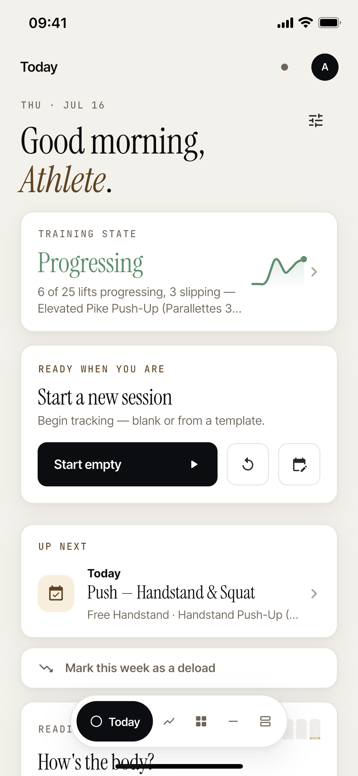 Protokoll Today screen with training state, session start, and the plan's next session up next